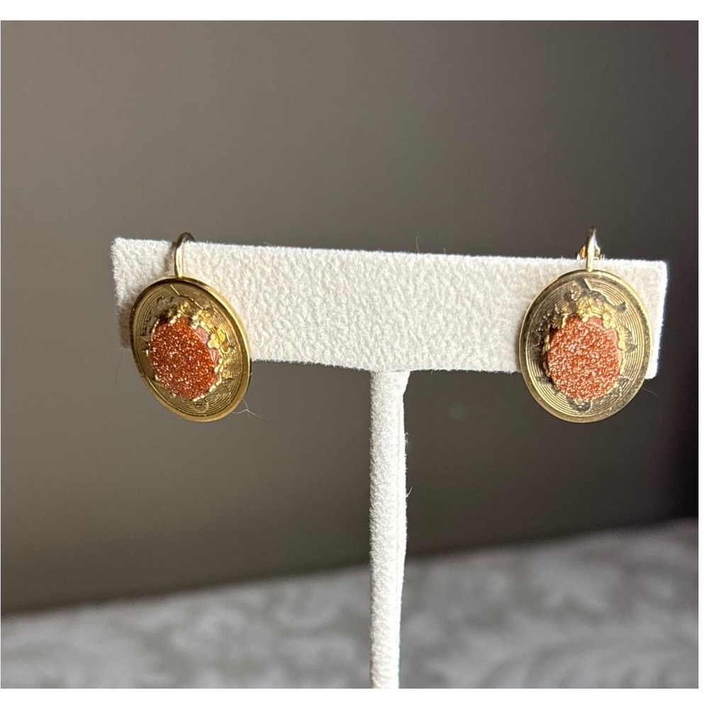 Gold Tone Orange Druzy Leverback Oval Drop Earrings Shimmering Textured vintage